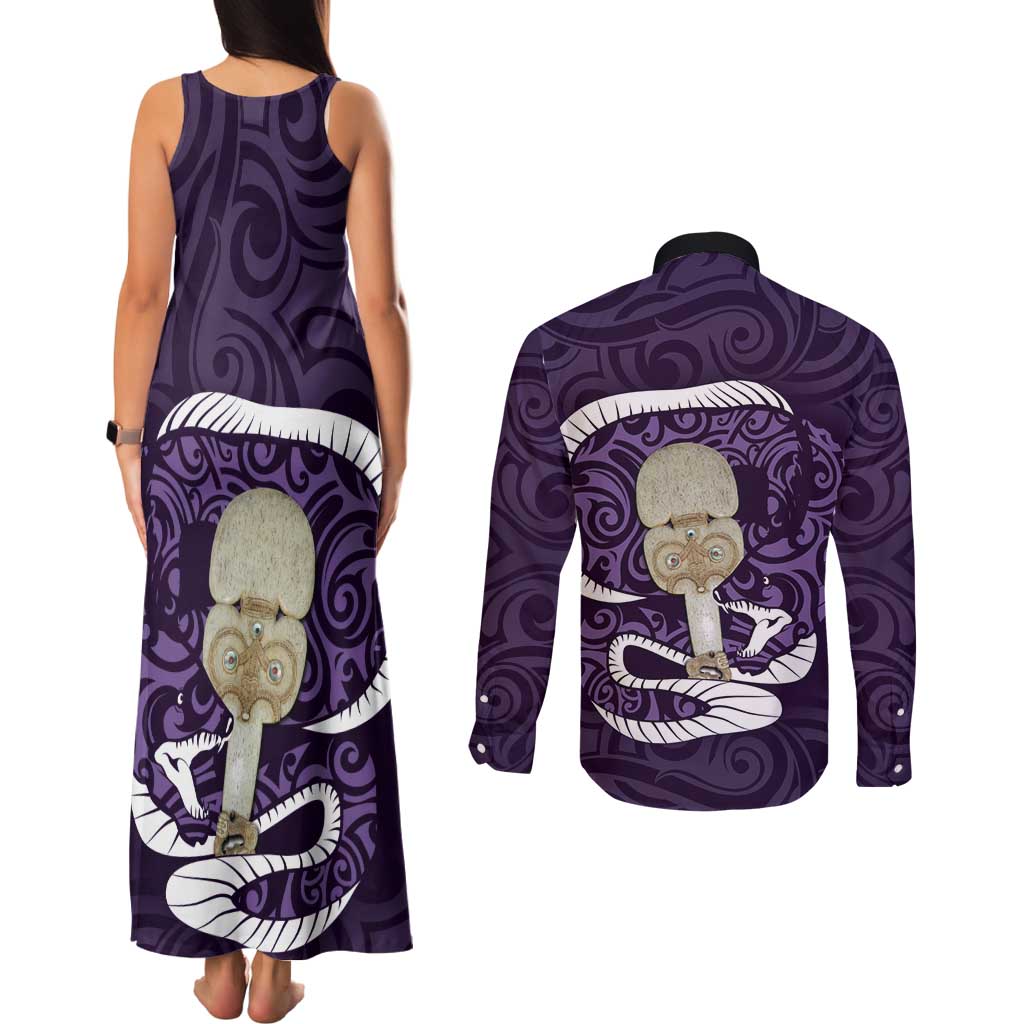 Purple New Zealand Eel Couples Matching Tank Maxi Dress and Long Sleeve Button Shirt Aotearoa Maori Tuna With Kotiate Weapon