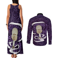 Purple New Zealand Eel Couples Matching Tank Maxi Dress and Long Sleeve Button Shirt Aotearoa Maori Tuna With Kotiate Weapon