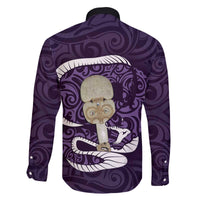 Purple New Zealand Eel Family Matching Off The Shoulder Long Sleeve Dress and Hawaiian Shirt Aotearoa Maori Tuna With Kotiate Weapon