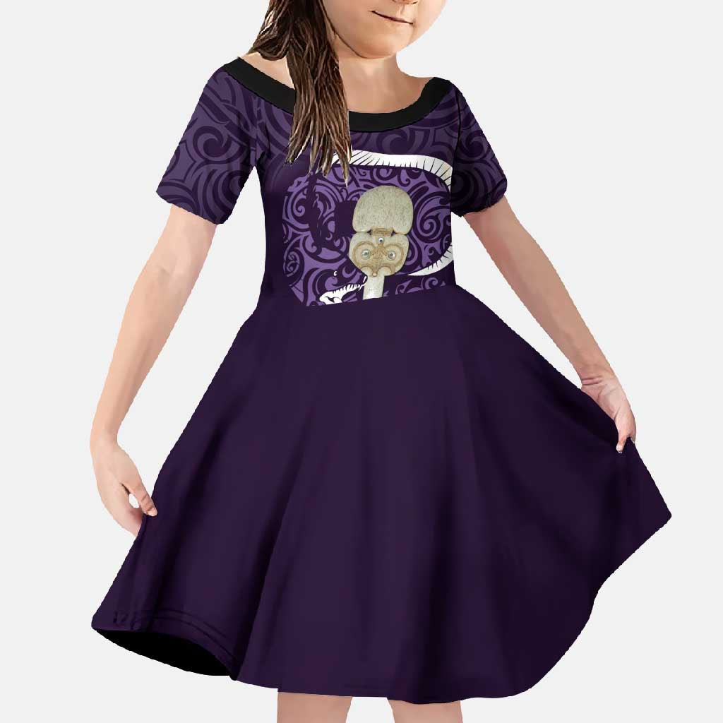 Purple New Zealand Eel Family Matching Short Sleeve Bodycon Dress and Hawaiian Shirt Aotearoa Maori Tuna With Kotiate Weapon LT14 Daughter's Dress Purple - Polynesian Pride