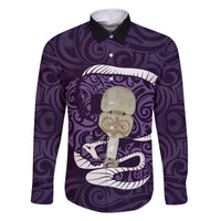 Purple New Zealand Eel Family Matching Summer Maxi Dress and Hawaiian Shirt Aotearoa Maori Tuna With Kotiate Weapon LT14 Dad's Shirt - Long Sleeve Purple - Polynesian Pride