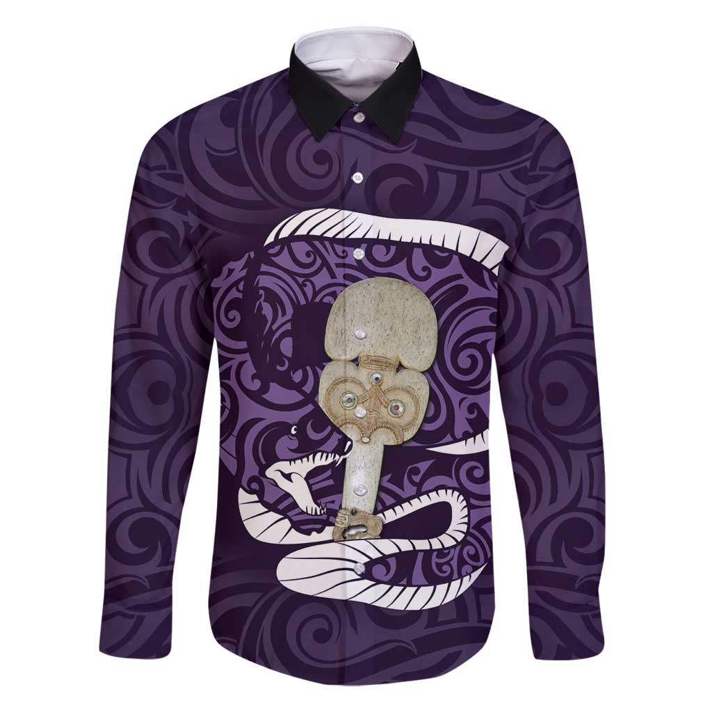 Purple New Zealand Eel Family Matching Tank Maxi Dress and Hawaiian Shirt Aotearoa Maori Tuna With Kotiate Weapon LT14 Dad's Shirt - Long Sleeve Purple - Polynesian Pride