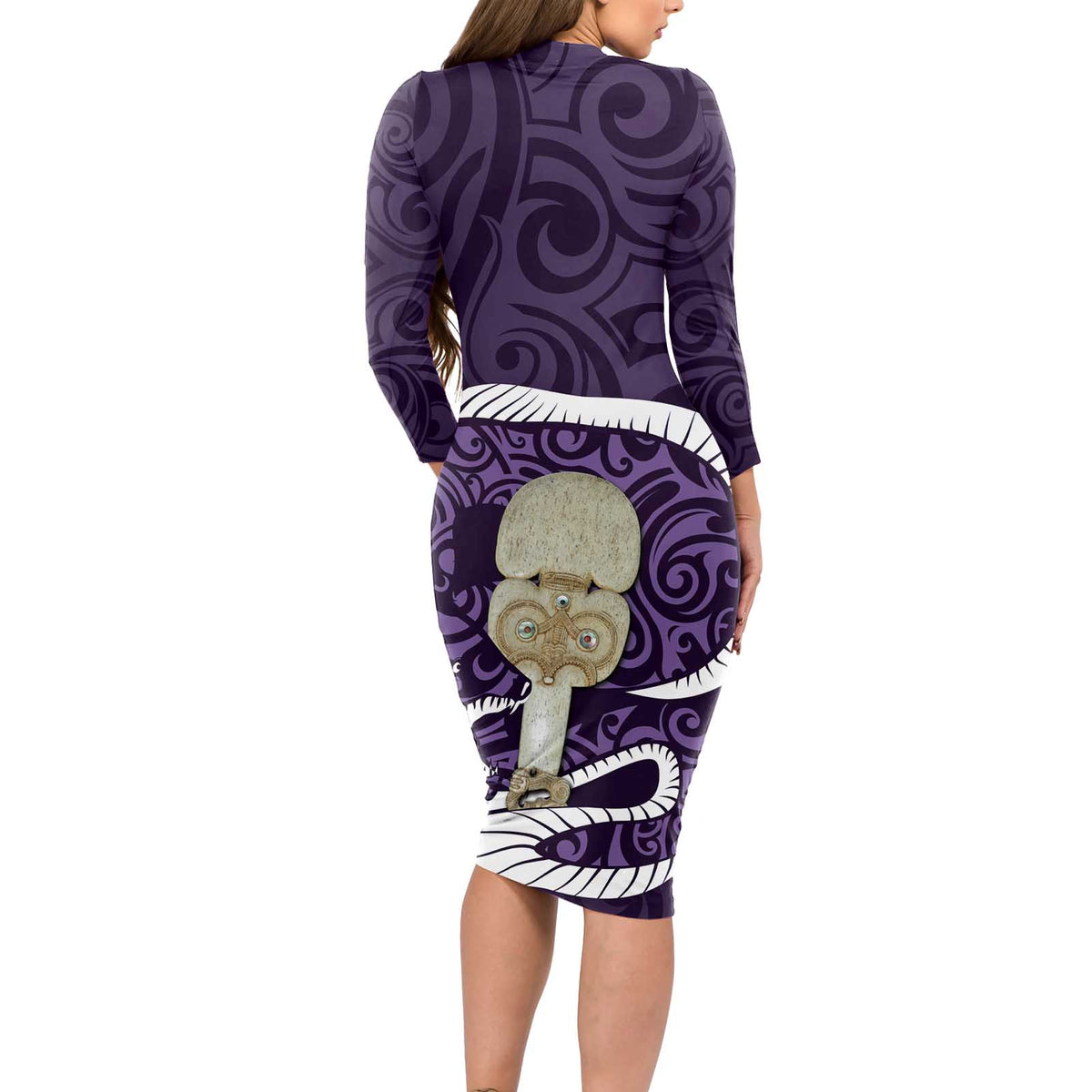 Purple New Zealand Eel Long Sleeve Bodycon Dress Aotearoa Maori Tuna With Kotiate Weapon