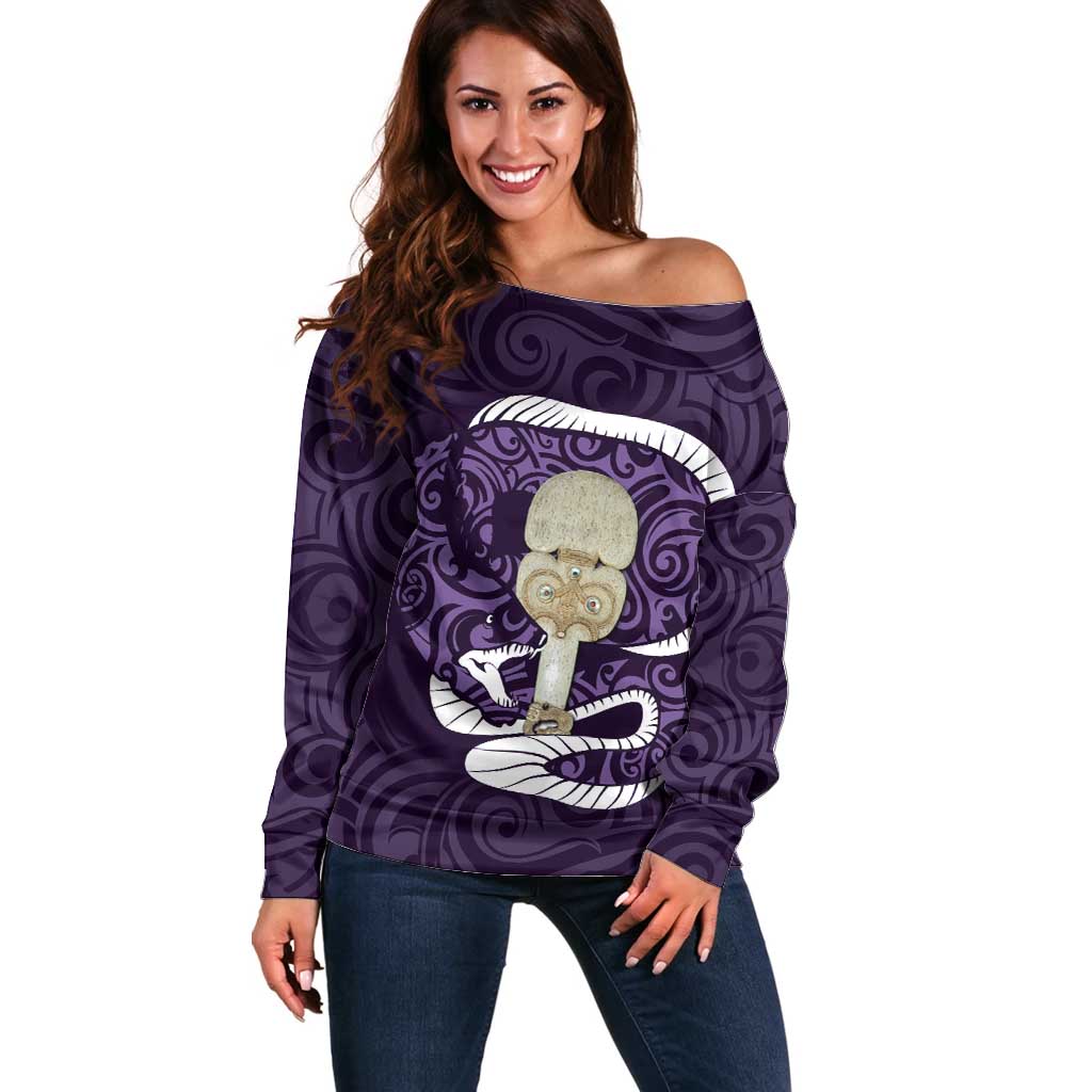 Purple New Zealand Eel Off Shoulder Sweater Aotearoa Maori Tuna With Kotiate Weapon LT14 Women Purple - Polynesian Pride