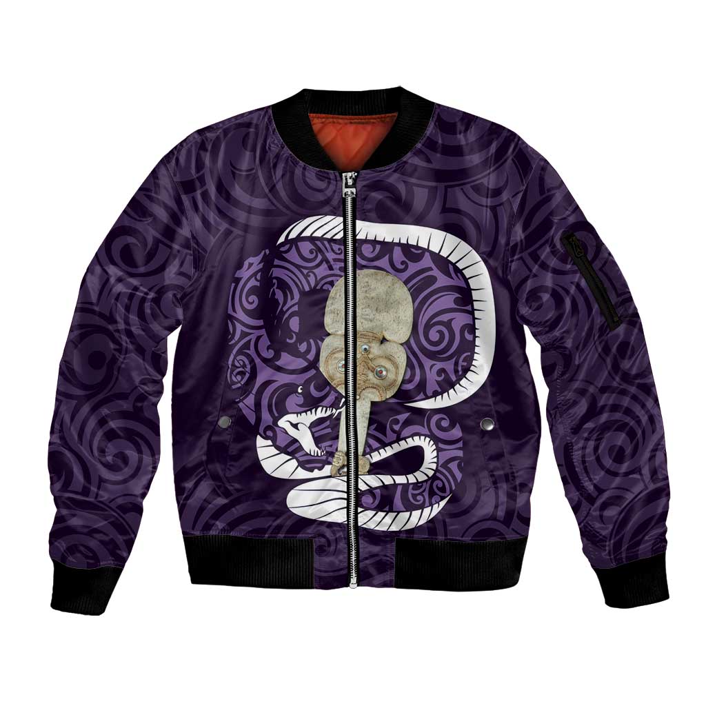 Purple New Zealand Eel Sleeve Zip Bomber Jacket Aotearoa Maori Tuna With Kotiate Weapon LT14 Unisex Purple - Polynesian Pride