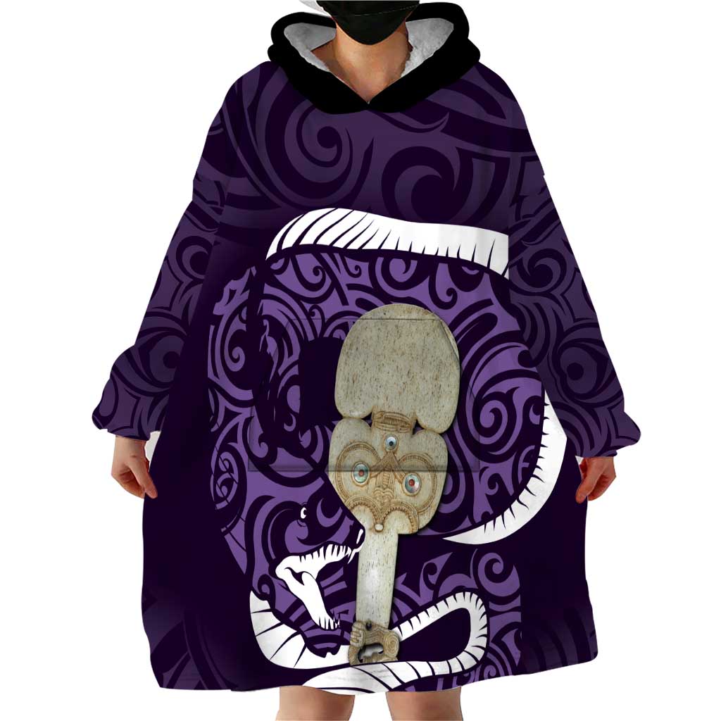 Purple New Zealand Eel Wearable Blanket Hoodie Aotearoa Maori Tuna With Kotiate Weapon