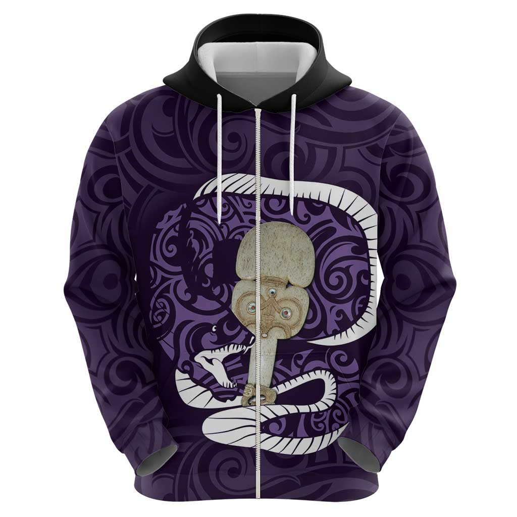 Purple New Zealand Eel Zip Hoodie Aotearoa Maori Tuna With Kotiate Weapon LT14 - Polynesian Pride