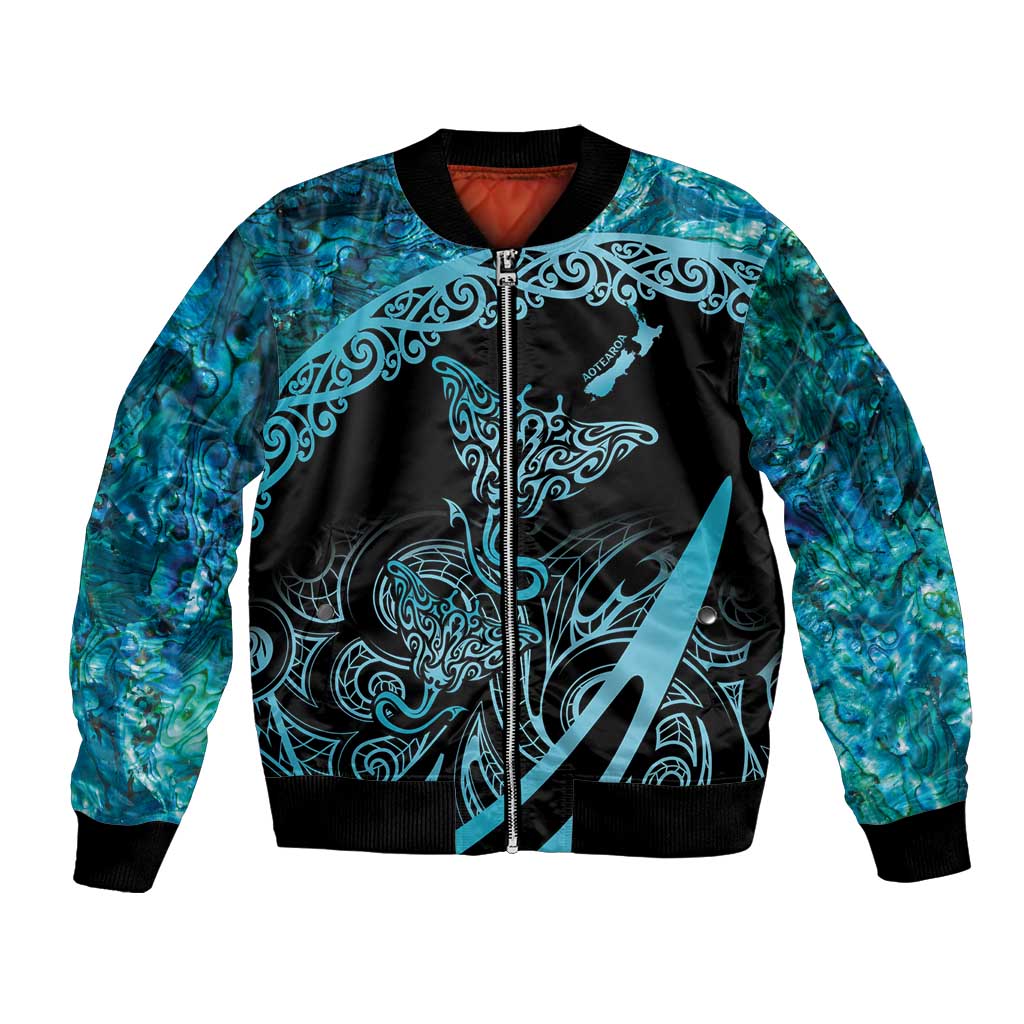 New Zealand Stingray Bomber Jacket Aotearoa Whai With Maori Paua Shell LT14 Unisex Turquoise - Polynesian Pride