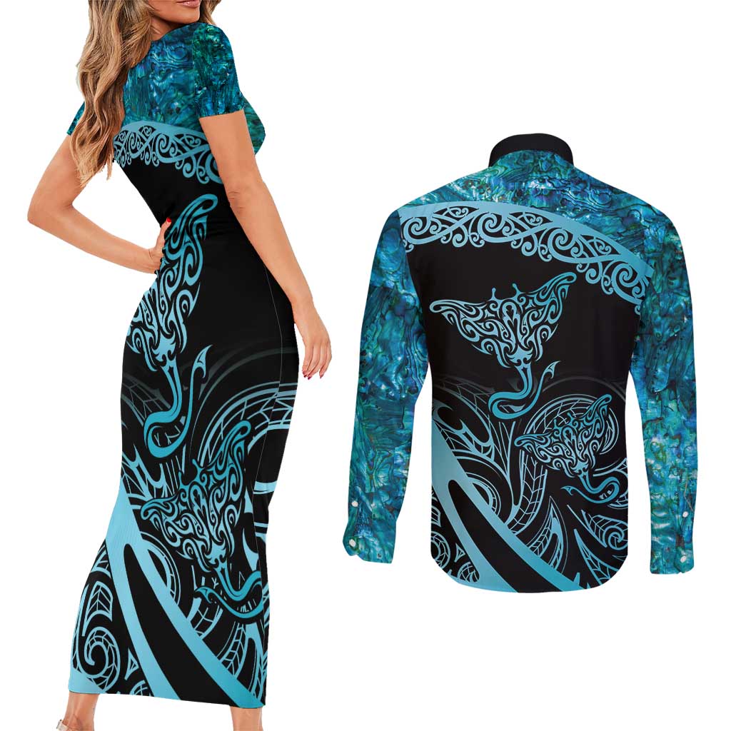 New Zealand Stingray Couples Matching Short Sleeve Bodycon Dress and Long Sleeve Button Shirt Aotearoa Whai With Maori Paua Shell