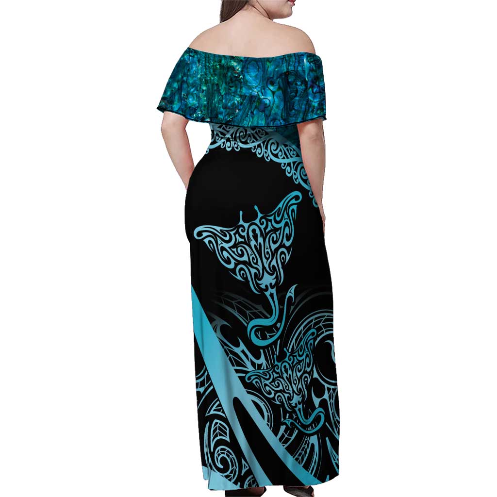 New Zealand Stingray Family Matching Off Shoulder Maxi Dress and Hawaiian Shirt Aotearoa Whai With Maori Paua Shell