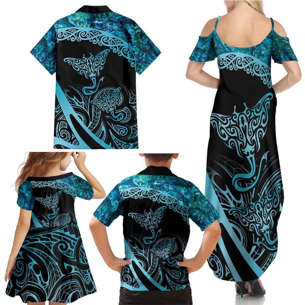 New Zealand Stingray Family Matching Summer Maxi Dress and Hawaiian Shirt Aotearoa Whai With Maori Paua Shell