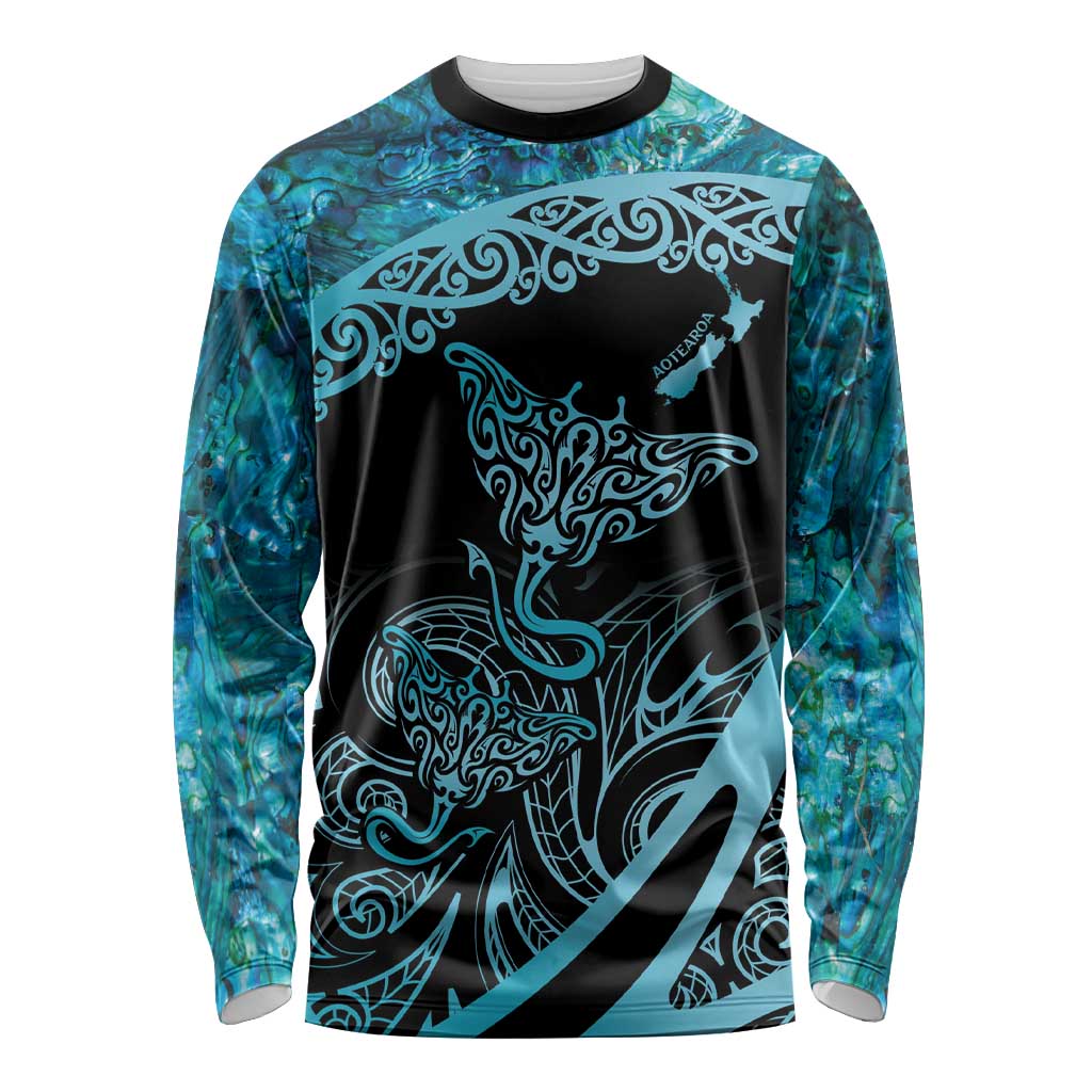 New Zealand Stingray Long Sleeve Shirt Aotearoa Whai With Maori Paua Shell LT14 Unisex Turquoise - Polynesian Pride