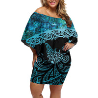 New Zealand Stingray Off Shoulder Short Dress Aotearoa Whai With Maori Paua Shell LT14 Women Turquoise - Polynesian Pride