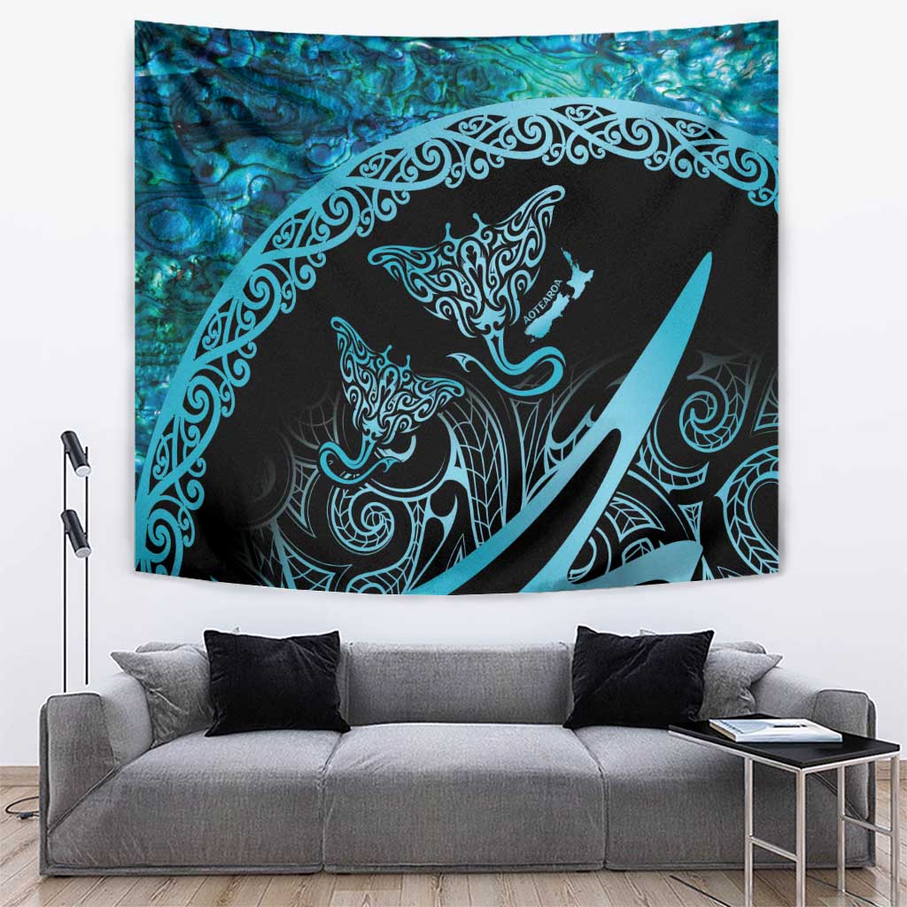 New Zealand Stingray Tapestry Aotearoa Whai With Maori Paua Shell LT14 Turquoise - Polynesian Pride