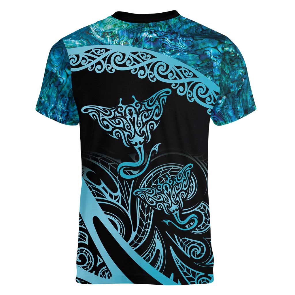 New Zealand Stingray Women V-Neck T-Shirt Aotearoa Whai With Maori Paua Shell