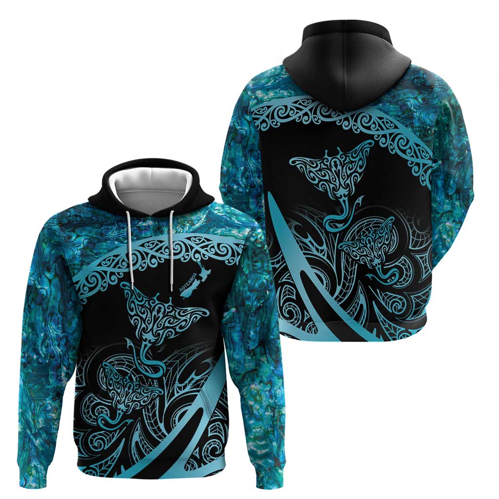 New Zealand Stingray Zip Hoodie Aotearoa Whai With Maori Paua Shell LT14 - Polynesian Pride