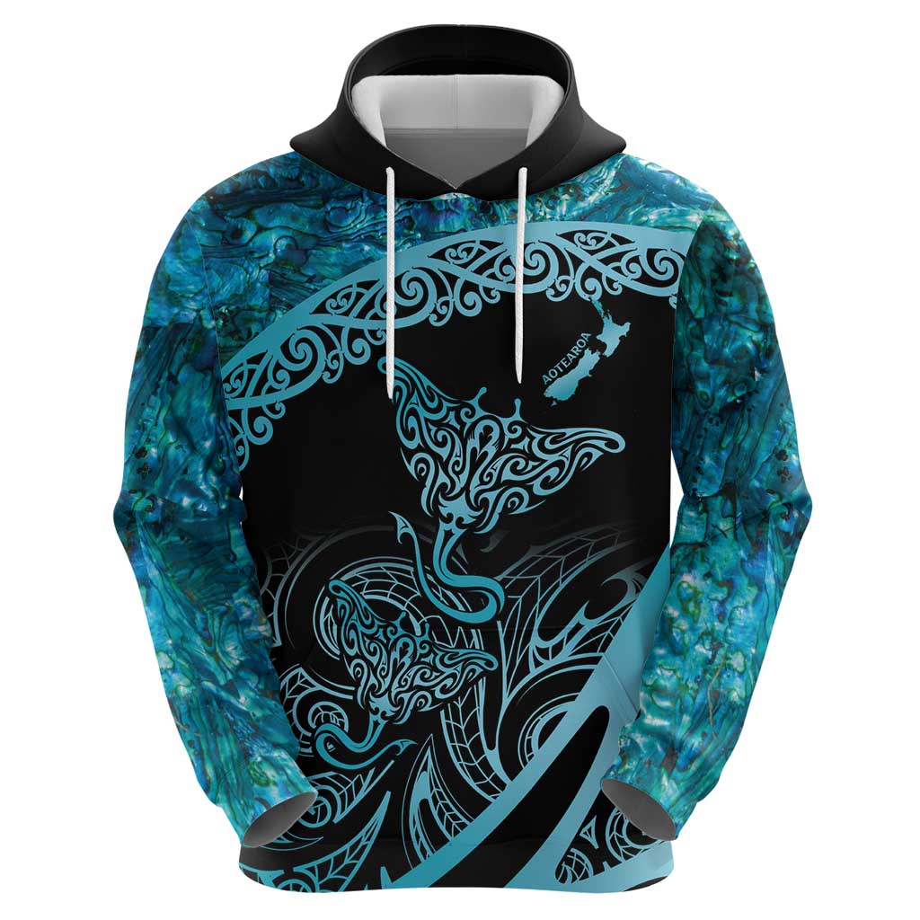 New Zealand Stingray Zip Hoodie Aotearoa Whai With Maori Paua Shell LT14 - Polynesian Pride