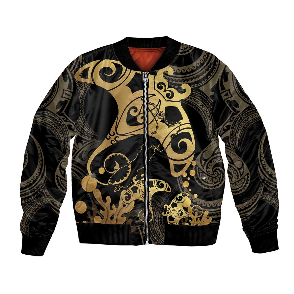 Black And Gold Aotearoa Whai Bomber Jacket NZ Stingrays Maori Curves Style LT14 Unisex Gold - Polynesian Pride