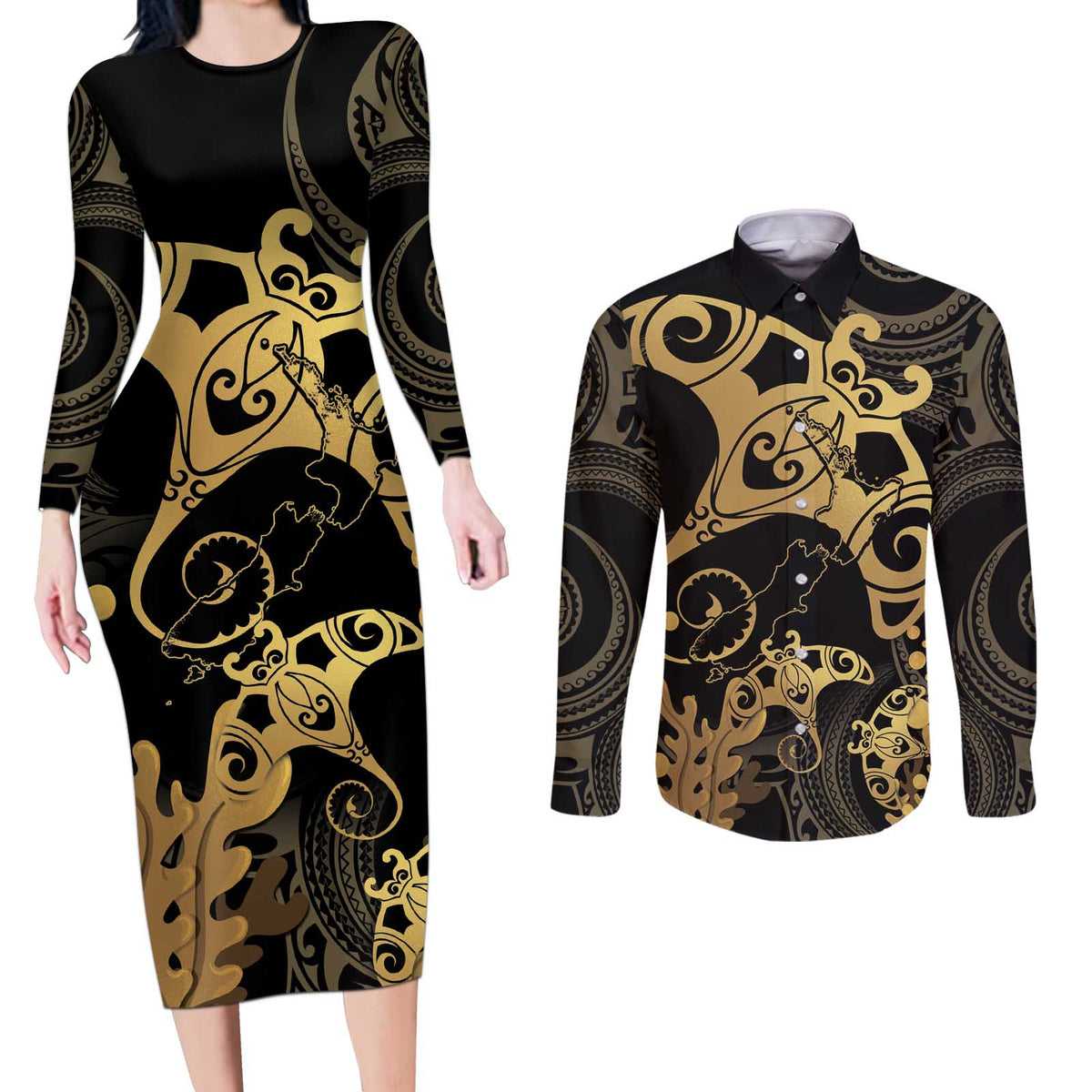 Black And Gold Aotearoa Whai Couples Matching Long Sleeve Bodycon Dress and Long Sleeve Button Shirt NZ Stingrays Maori Curves Style