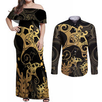 Black And Gold Aotearoa Whai Couples Matching Off Shoulder Maxi Dress and Long Sleeve Button Shirt NZ Stingrays Maori Curves Style