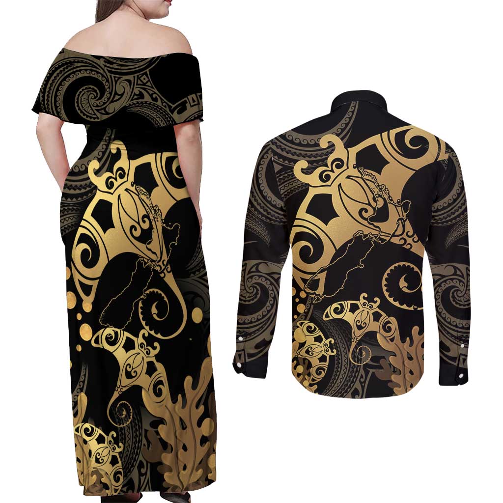 Black And Gold Aotearoa Whai Couples Matching Off Shoulder Maxi Dress and Long Sleeve Button Shirt NZ Stingrays Maori Curves Style