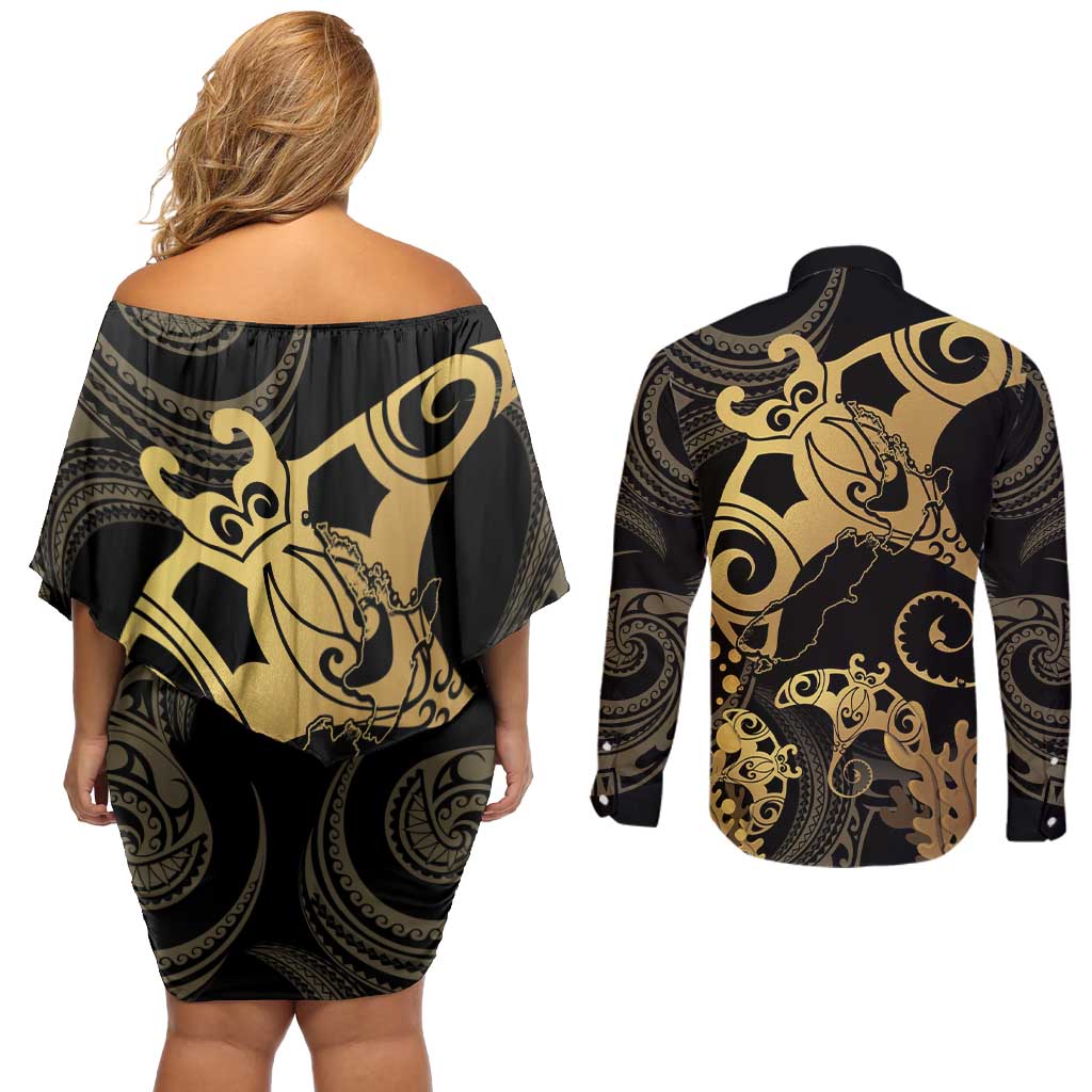 Black And Gold Aotearoa Whai Couples Matching Off Shoulder Short Dress and Long Sleeve Button Shirt NZ Stingrays Maori Curves Style