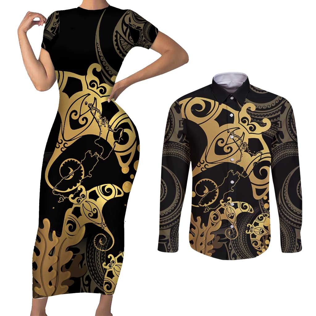 Black And Gold Aotearoa Whai Couples Matching Short Sleeve Bodycon Dress and Long Sleeve Button Shirt NZ Stingrays Maori Curves Style