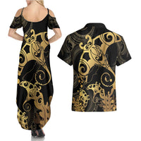 Black And Gold Aotearoa Whai Couples Matching Summer Maxi Dress and Hawaiian Shirt NZ Stingrays Maori Curves Style