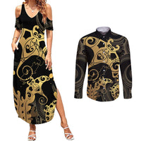 Black And Gold Aotearoa Whai Couples Matching Summer Maxi Dress and Long Sleeve Button Shirt NZ Stingrays Maori Curves Style