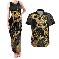 Black And Gold Aotearoa Whai Couples Matching Tank Maxi Dress and Hawaiian Shirt NZ Stingrays Maori Curves Style
