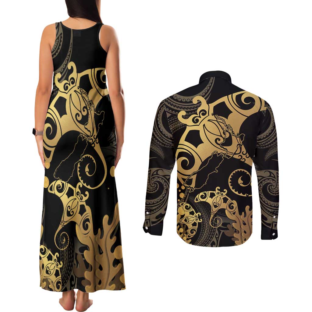 Black And Gold Aotearoa Whai Couples Matching Tank Maxi Dress and Long Sleeve Button Shirt NZ Stingrays Maori Curves Style