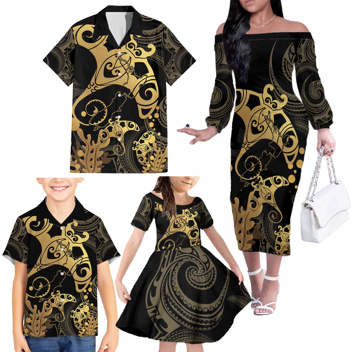 Black And Gold Aotearoa Whai Family Matching Off The Shoulder Long Sleeve Dress and Hawaiian Shirt NZ Stingrays Maori Curves Style LT14 - Polynesian Pride