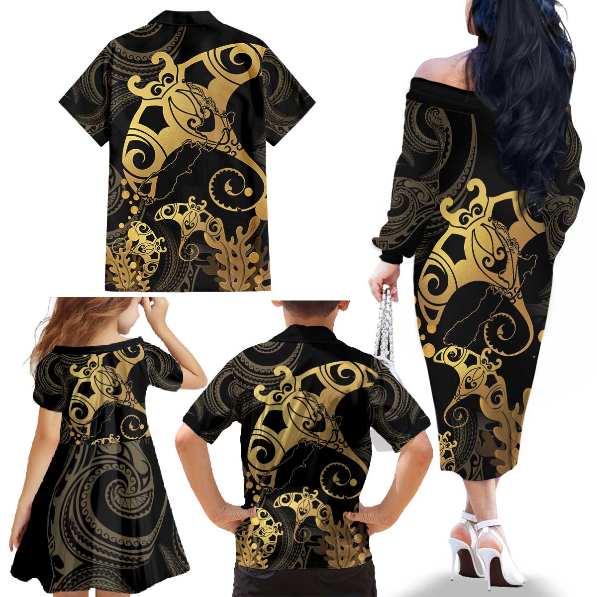 Black And Gold Aotearoa Whai Family Matching Off The Shoulder Long Sleeve Dress and Hawaiian Shirt NZ Stingrays Maori Curves Style