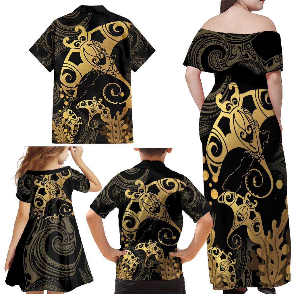 Black And Gold Aotearoa Whai Family Matching Off Shoulder Maxi Dress and Hawaiian Shirt NZ Stingrays Maori Curves Style