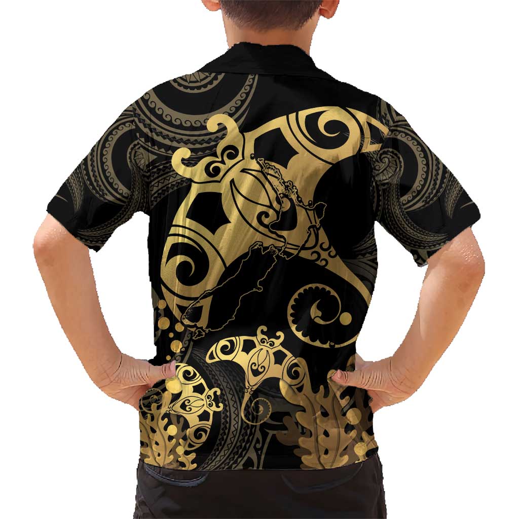Black And Gold Aotearoa Whai Family Matching Short Sleeve Bodycon Dress and Hawaiian Shirt NZ Stingrays Maori Curves Style LT14 - Polynesian Pride