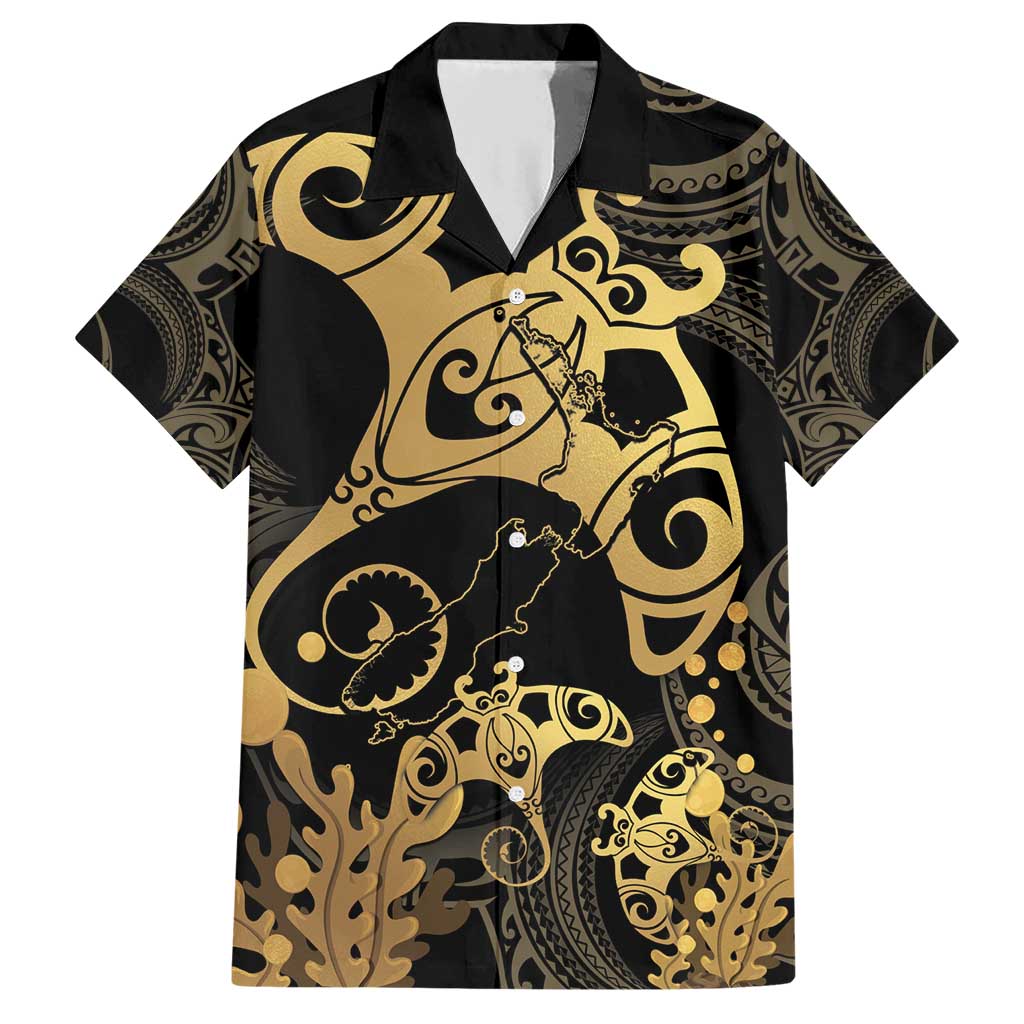 Black And Gold Aotearoa Whai Family Matching Short Sleeve Bodycon Dress and Hawaiian Shirt NZ Stingrays Maori Curves Style LT14 Dad's Shirt - Short Sleeve Gold - Polynesian Pride