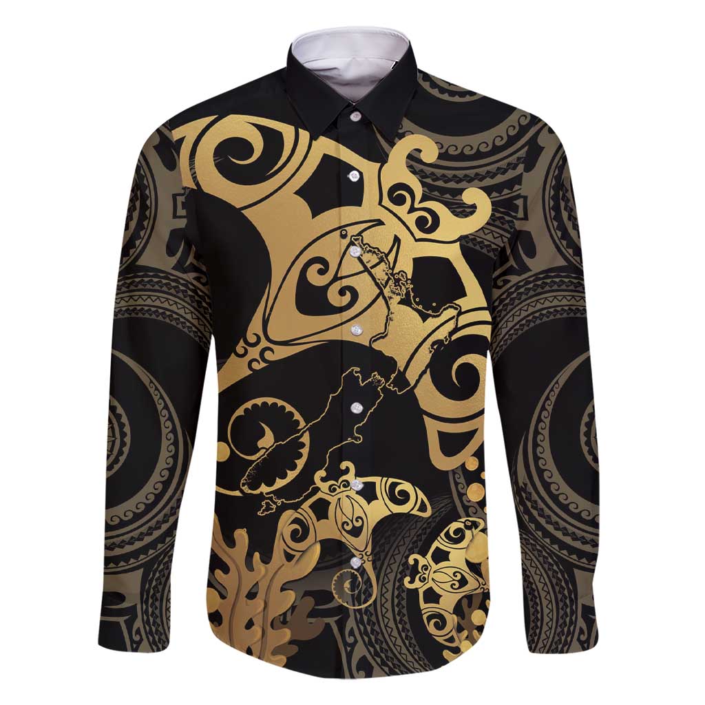 Black And Gold Aotearoa Whai Family Matching Short Sleeve Bodycon Dress and Hawaiian Shirt NZ Stingrays Maori Curves Style LT14 Dad's Shirt - Long Sleeve Gold - Polynesian Pride