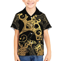 Black And Gold Aotearoa Whai Family Matching Short Sleeve Bodycon Dress and Hawaiian Shirt NZ Stingrays Maori Curves Style LT14 Son's Shirt Gold - Polynesian Pride