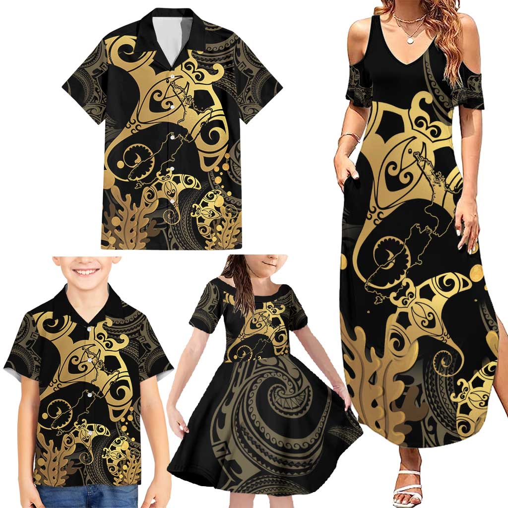 Black And Gold Aotearoa Whai Family Matching Summer Maxi Dress and Hawaiian Shirt NZ Stingrays Maori Curves Style LT14 - Polynesian Pride