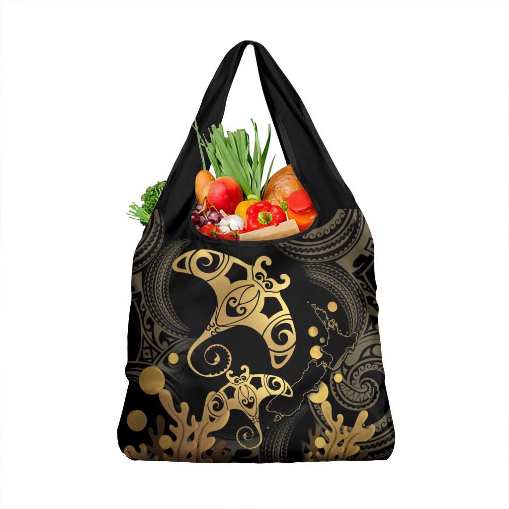 Black And Gold Aotearoa Whai Grocery Bag NZ Stingrays Maori Curves Style LT14 1-pack One Size Gold - Polynesian Pride