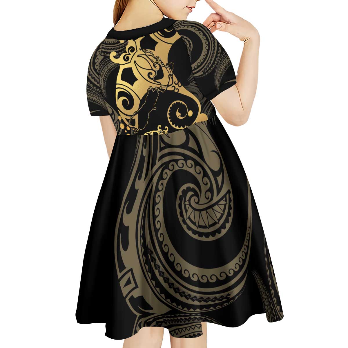 Black And Gold Aotearoa Whai Kid Short Sleeve Dress NZ Stingrays Maori Curves Style