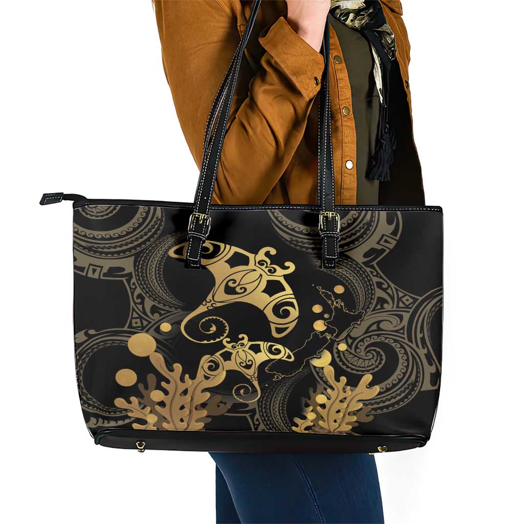 Black And Gold Aotearoa Whai Leather Tote Bag NZ Stingrays Maori Curves Style