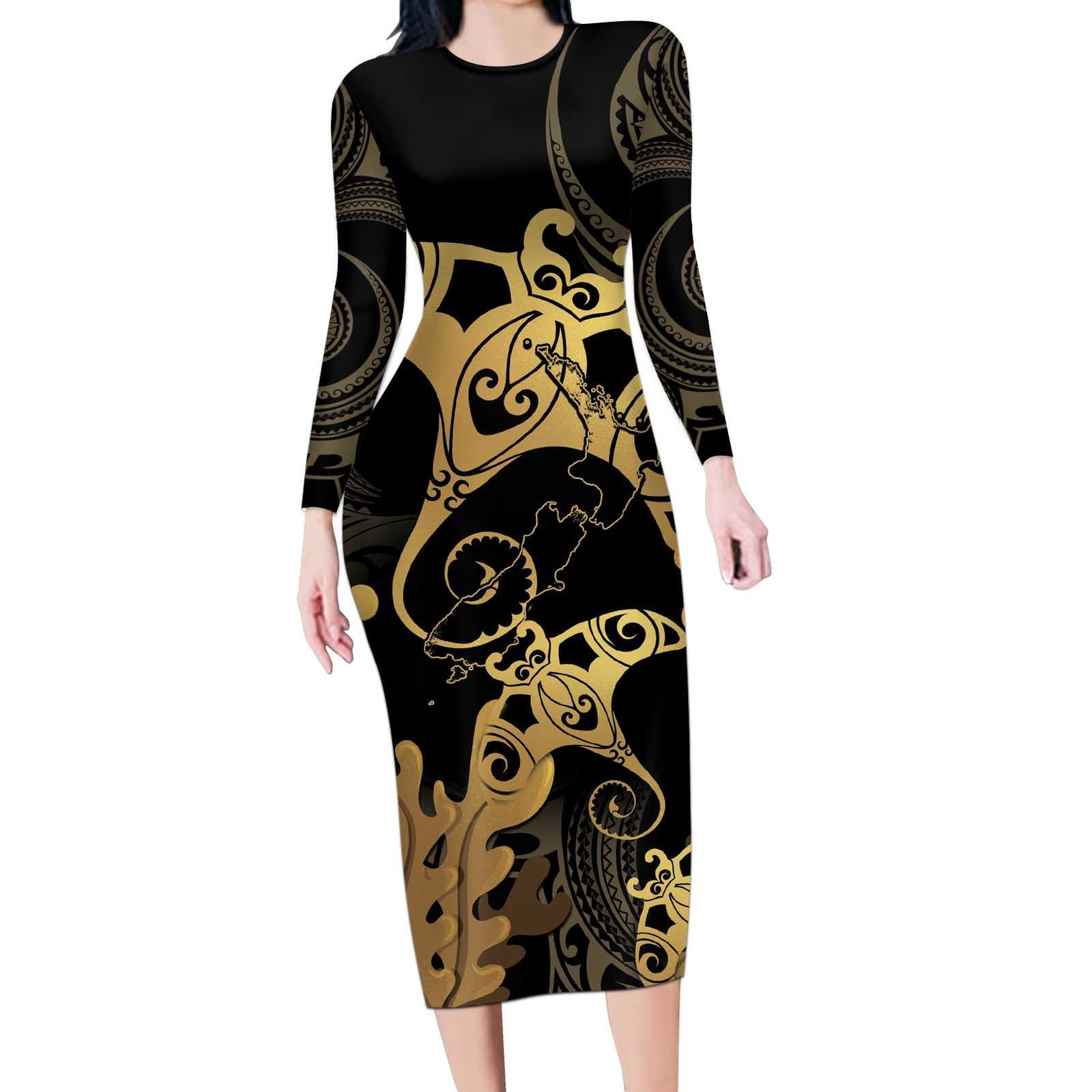 Black And Gold Aotearoa Whai Long Sleeve Bodycon Dress NZ Stingrays Maori Curves Style LT14 Long Dress Gold - Polynesian Pride