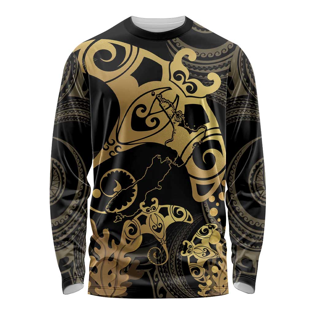 Black And Gold Aotearoa Whai Long Sleeve Shirt NZ Stingrays Maori Curves Style LT14 Unisex Gold - Polynesian Pride