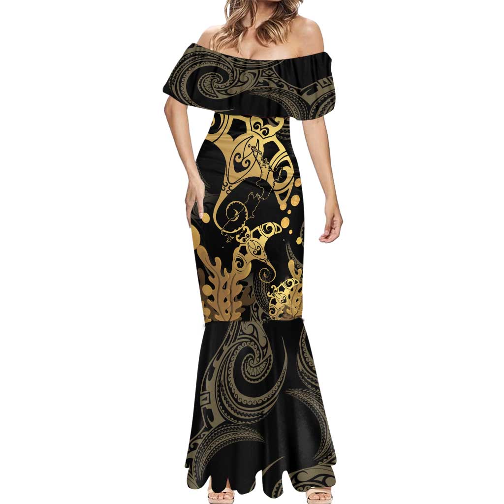 Black And Gold Aotearoa Whai Mermaid Dress NZ Stingrays Maori Curves Style