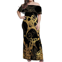 Black And Gold Aotearoa Whai Off Shoulder Maxi Dress NZ Stingrays Maori Curves Style LT14 Women Gold - Polynesian Pride