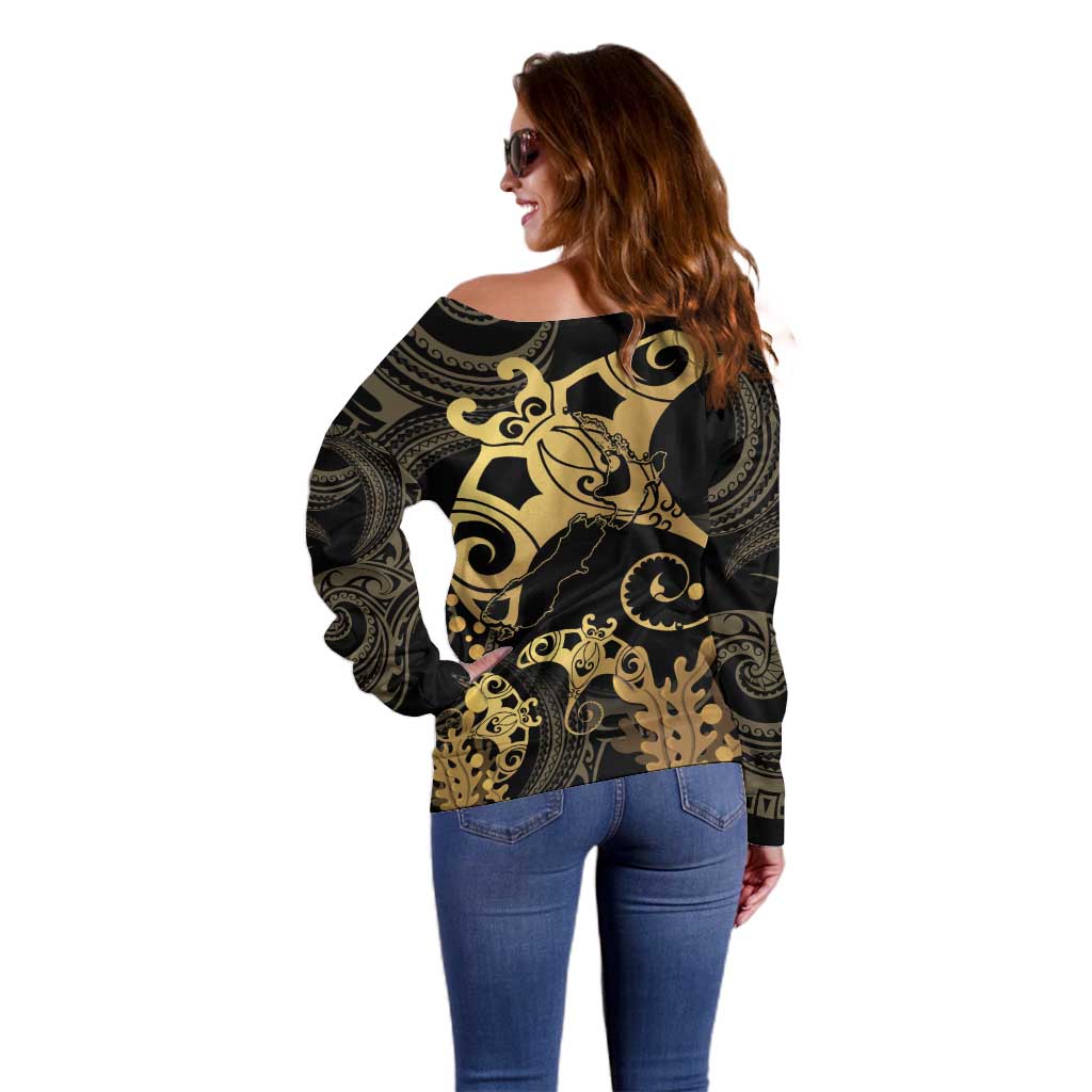 Black And Gold Aotearoa Whai Off Shoulder Sweater NZ Stingrays Maori Curves Style