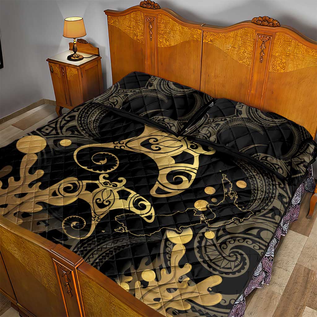 Black And Gold Aotearoa Whai Quilt Bed Set NZ Stingrays Maori Curves Style