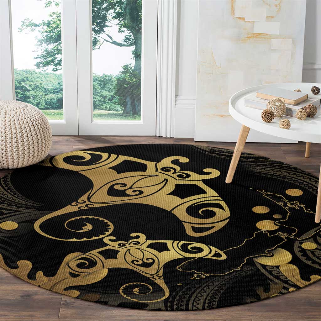 Black And Gold Aotearoa Whai Round Carpet NZ Stingrays Maori Curves Style