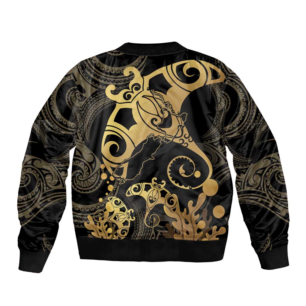 Black And Gold Aotearoa Whai Sleeve Zip Bomber Jacket NZ Stingrays Maori Curves Style